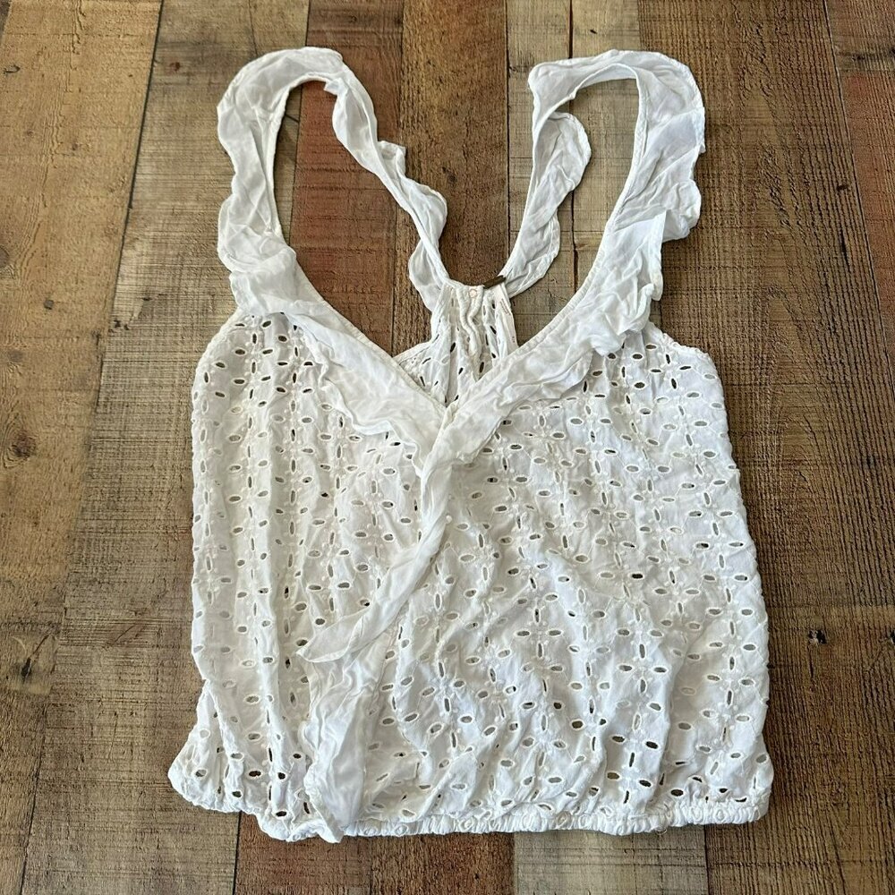 Free People Eyelet Lace Tank Top with Ruffle Sleeves Wrap Front Gathered Bottom